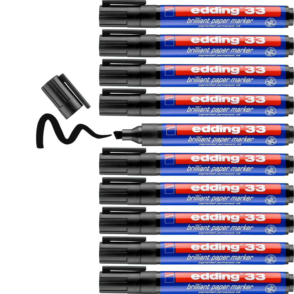 edding 33 brilliant paper marker - black - 10 waterproof permanent markers - chisel nib 1-5 mm - vibrant colours - lightfast marking on paper, card, cardboard, plastic, metal and glass, 4-33001