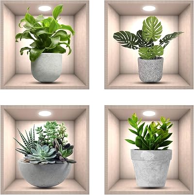 SwirlColor 3D Green Plant Wall Stickers 4Pcs Waterproof Self-Adhesive Decor