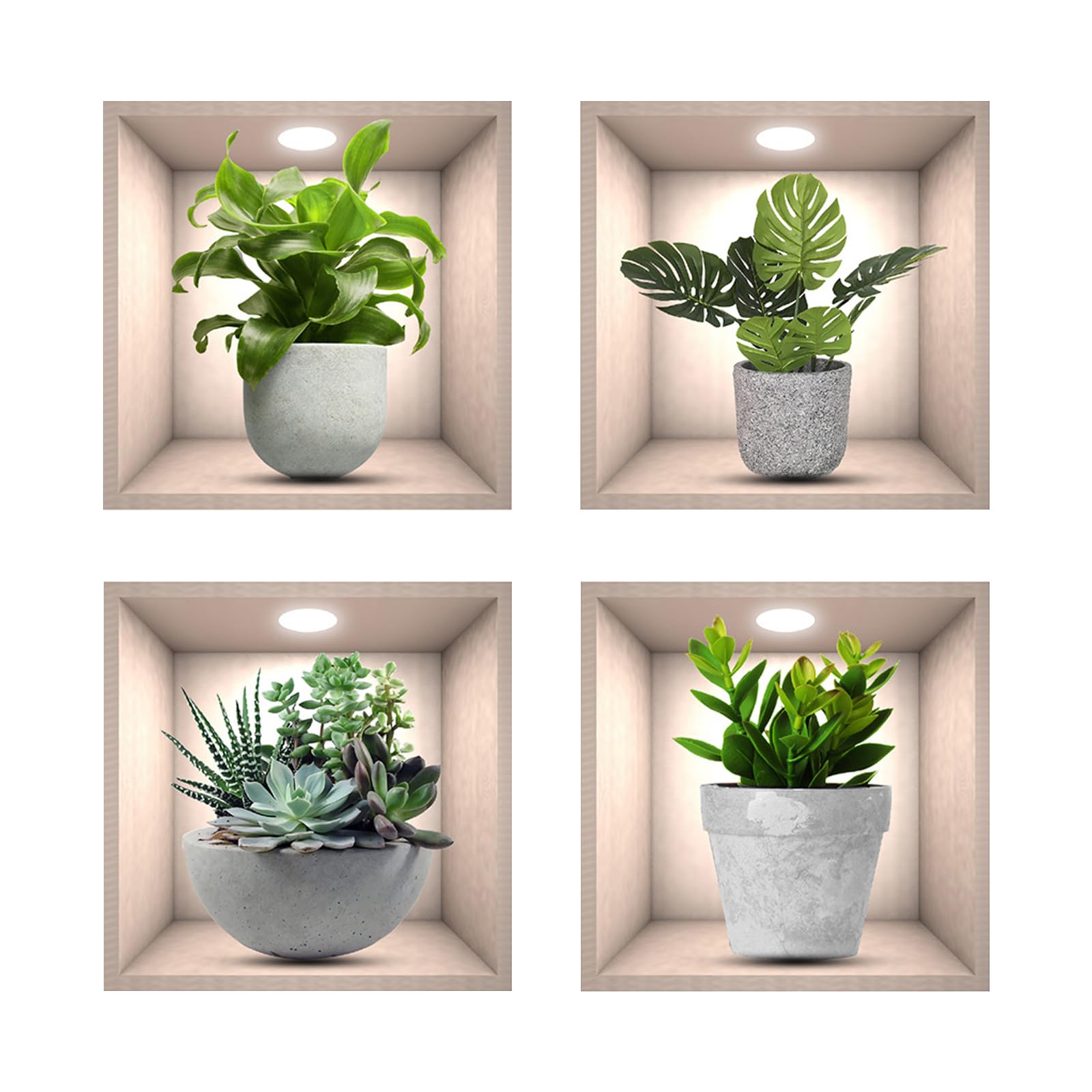 3D Green Plant Wall Stickers, 4Pcs Waterproof Vinyl Wall Art Decals, Realistic Self-Adhesive Wall Decor for Bathroom Kitchen Living Room Bedroom Home Decor (Plant)