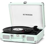 Vinyl Record Player Bluetooth Vintage Portable Suitcase Turntable with Built-in Speakers LP Player Support RCA Output and Headphone Output Light Cyan