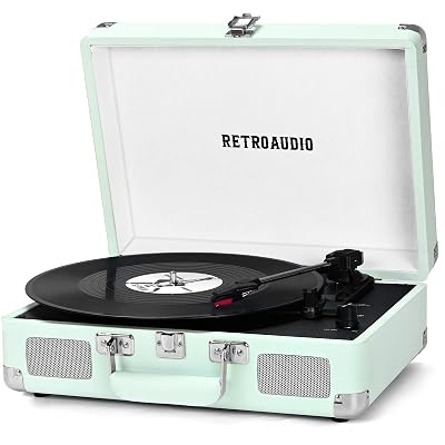 Vinyl Record Player Bluetooth Vintage Portable Suitcase Turntable with Built-in Speakers LP Player Support RCA Output and Headphone Output Light Cyan