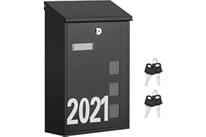 LAND·VOI Wall Mounted Mailbox with 4 Keys, Post Box for Wall and Fence, Viewing Windows, Nameplate, 3.94 x 9.8 x 15.6 Inches, Large Capacity, Includes Mailbox Numbers, Matt Black, AMB31B