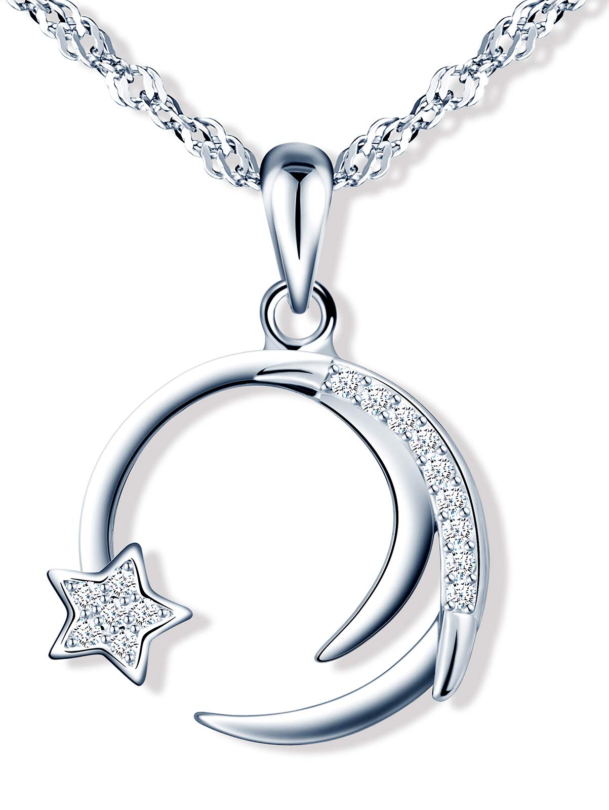 MicLee Women's girl's Necklace pendant, 925 Sterling Silver necklace, Unique star and moon necklace, mini simple pendant, Inlaid zircon, silver