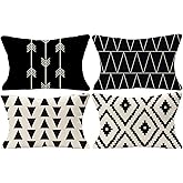 Tosewever Set of 4 Decorative Geometric 12 x 20 Inches Throw Pillow Covers - Modern Pattern Linen Rectangle Pillow Cushion Case for Sofa Couch Bed Home Outdoor Car (12" x 20", Black)