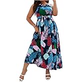Floerns Women's Plus Size Boho Sleeveless Halter Neck Tie Back A Line Long Dress