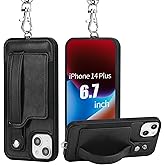TOOVREN Phone Case Compatible with iPhone 14 Plus Wallet Case Fits iPhone 14 Plus Case Wallet with Strap Card Holder Leather Stand Lanyard for Women & Men 6.7-Inch Black