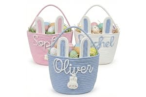 MBBEST Personalized Easter Bunny Basket - Custom 3D Name Cotton Rope Easter Bucket with Cute Ears & Plush Charm, Hand-Woven E