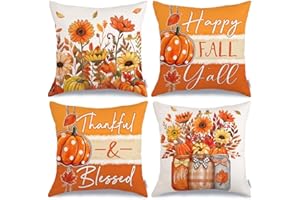 GEEORY Fall Throw Pillow Covers 18x18 Inch Set of 4, Pumpkins Floral Mason Jars Happy Fall Y'all Thankful & Blessed Orange Autumn Seasonal Decorative Farmhouse Decoration for Home G552-18