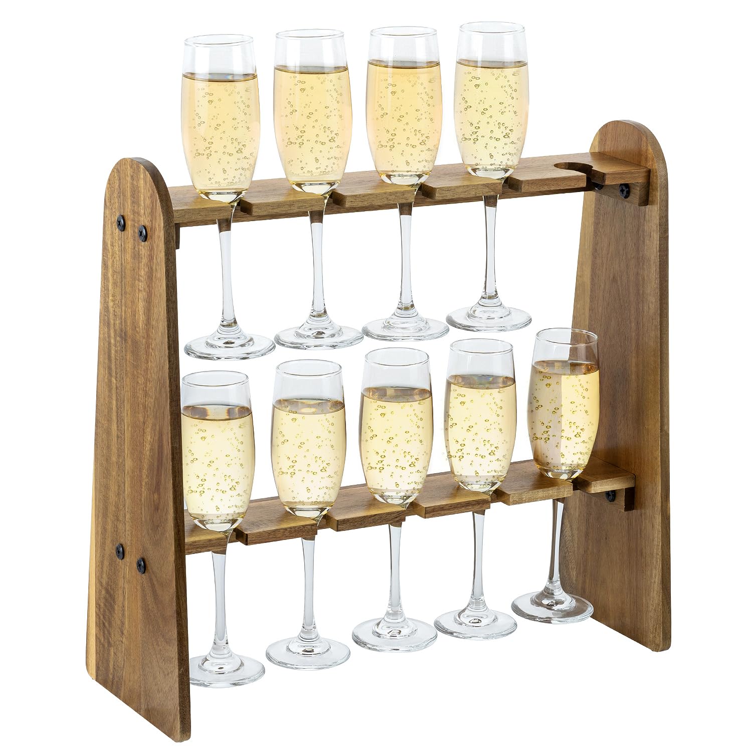 Photo 1 of MyGift 2 Tier Champage Glass Holder, Cocktail Tree Stand for Drinks, Tabletop Wine Beer Flute Rack Party Stemware Hanging Display, 10 Slots for 9 Inch Glasses, Rustic Premium Solid Acacia Wood