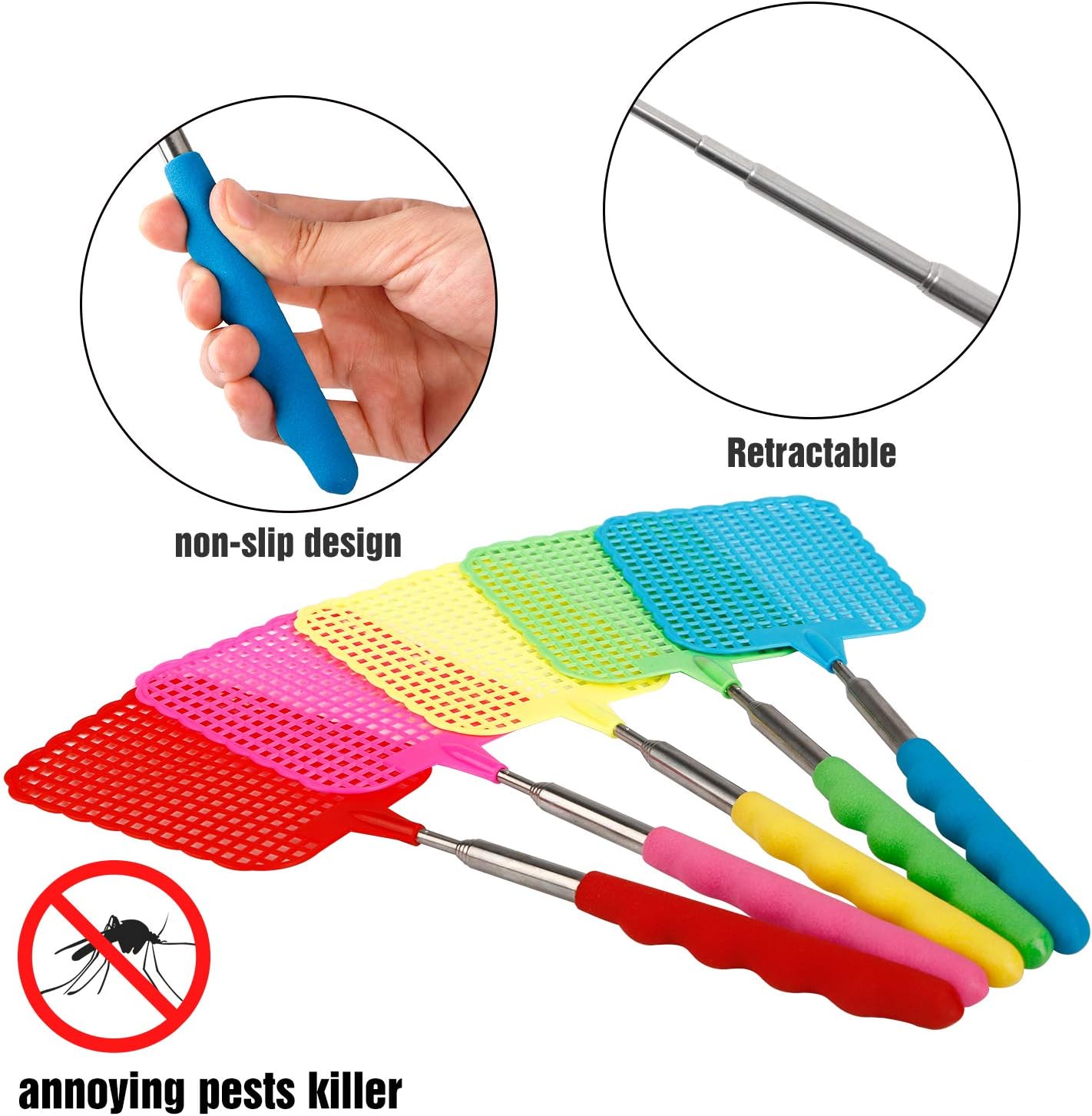 STUHAD 5 Pack Retractable Fly Swatters, with Extended Handles, Durable Retractable Handles, Fly Swatter Heavy Duty Set, for Home, Classroom and Office, 5 Colors: Garden & Outdoor
