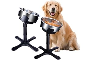 TOLOPU Elevated Dog Bowls Slow Feeder, 3 Adjustable Stand Heights and Width, Non-Slip Foot Mats, Tilting Raised Dog Bowls for Small, Medium and Large Dogs Breed (2 Pack), Black