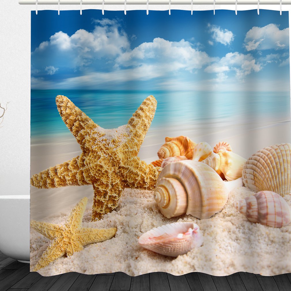 Jenave Home Decor Collection,Creative Starfish Conch Printing Shower Curtain,Polyester Fabric Bathroom Shower Curtain Set with Hooks, 78-Inch by 72-Inch