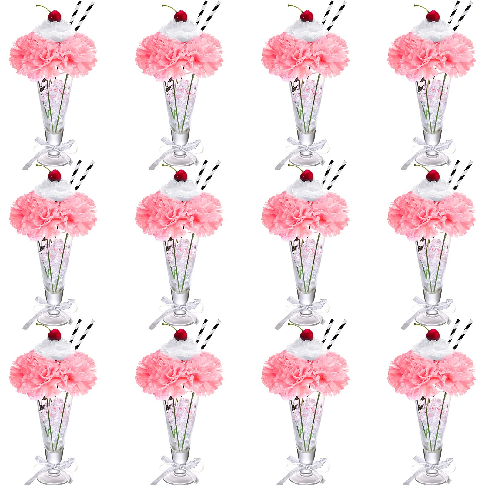 Photo 1 of WILLBOND 12 Sets Pink Carnations Artificial Flowers, 50's Theme Party Decorations Include White Pink Carnation Lifelike Cherries and Paper Straws for Sock Hop Rock and Roll Grease Party Decorations