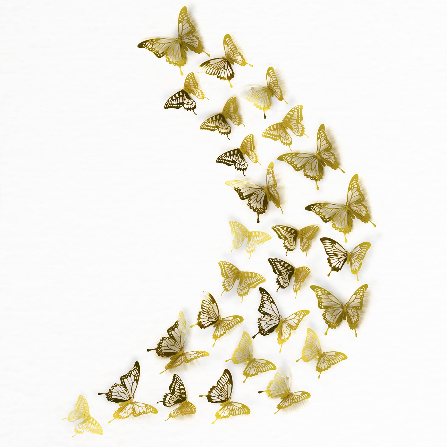 WALPLUS 26pcs 3 Sizes Realistic 3D Butterflies Gold Mural Art Wall Decorations Stickers Butterfly Set Home Decor Wall Decals for Bedroom Birthdays Weddings Party Baby Shower