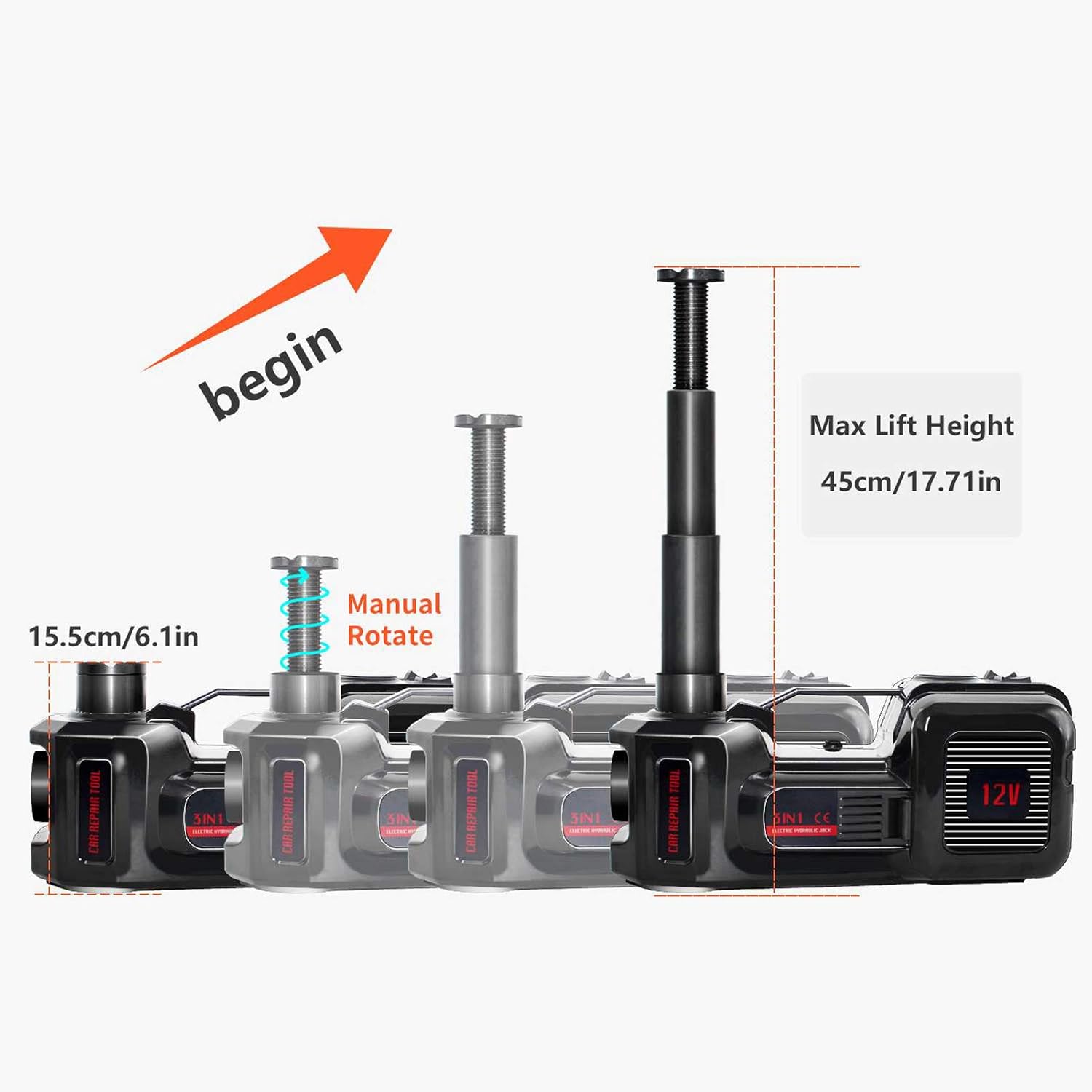 NthPOWER Electric Car Jack 5 Ton 12V Car Jack Hydraulic Lifting Range 6.1-17.7 inch Electric Jacks for Car SUV Sedan MPV Tire Changing Equipped with Inflator: Automotive