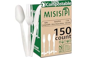 MISISIPI 150Pcs White 100% Compostable Cutlery Set Utensils HeavyDuty Biodegradable No Plastic Cutlery Set 50Forks 50Spoons 5