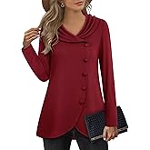 VALOLIA Womens Long Sleeve Tops Fall Winter Buttons Side Tulip Hem Lapel Pullover Sweatshirt