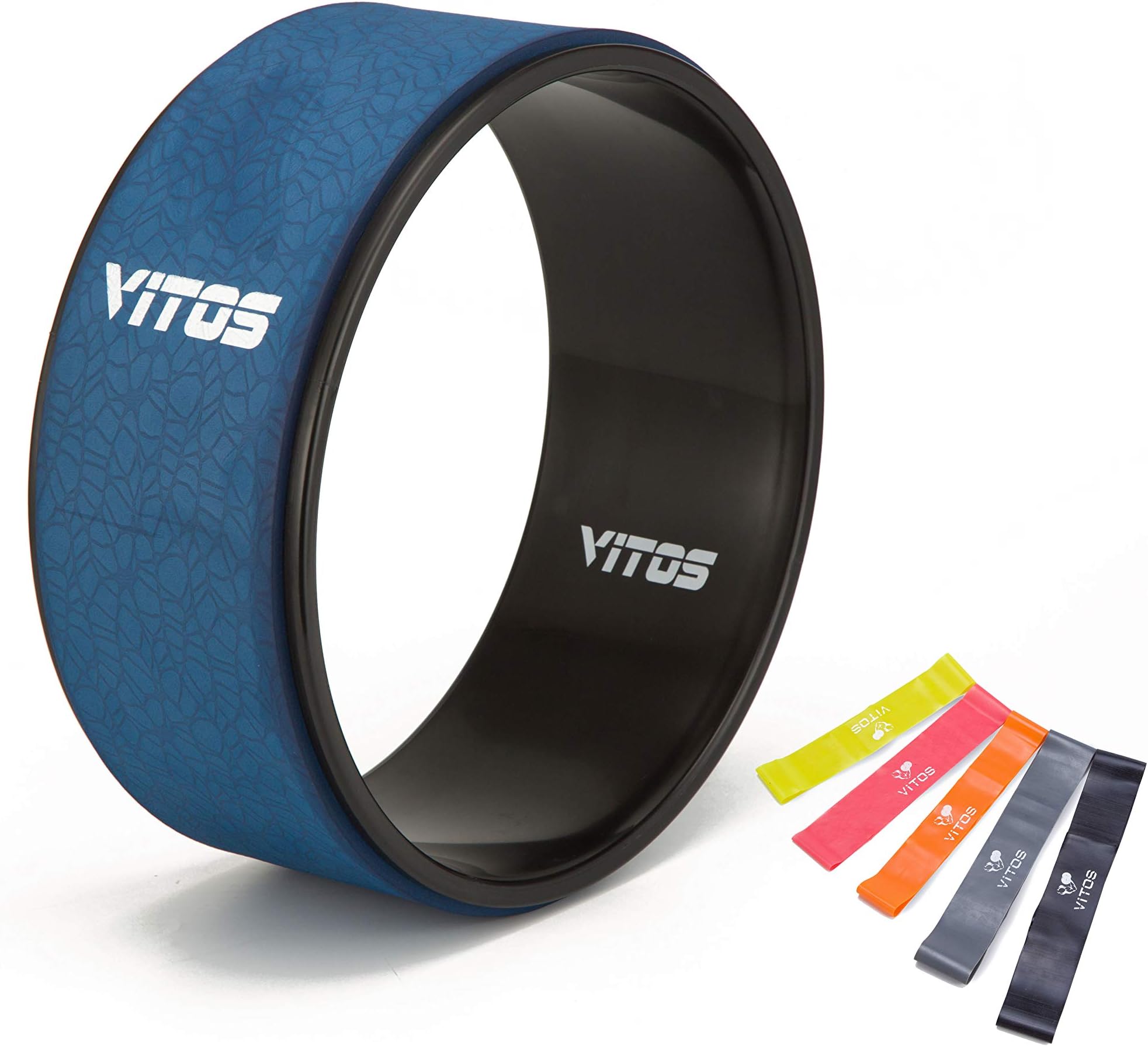 Vitos Fitness Yoga Wheel Roller | for Extreme Yoga Pose, Stretching and Improving Back Bend Deepen Practice Release Tight Muscles (Blue + Mini Band)