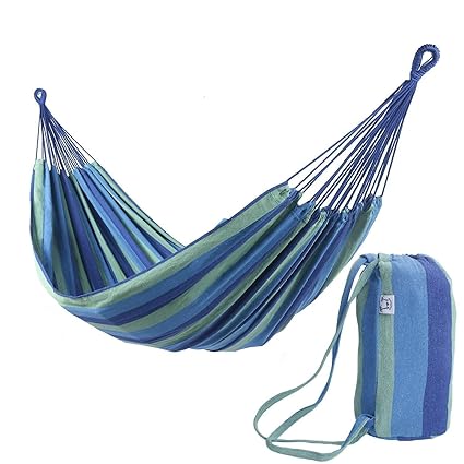 OnCloud Double Hammock for Travel Camping Backyard, Porch, Outdoor Or Indoor Use, Carrying Pouch Included Blue/Green Stripes