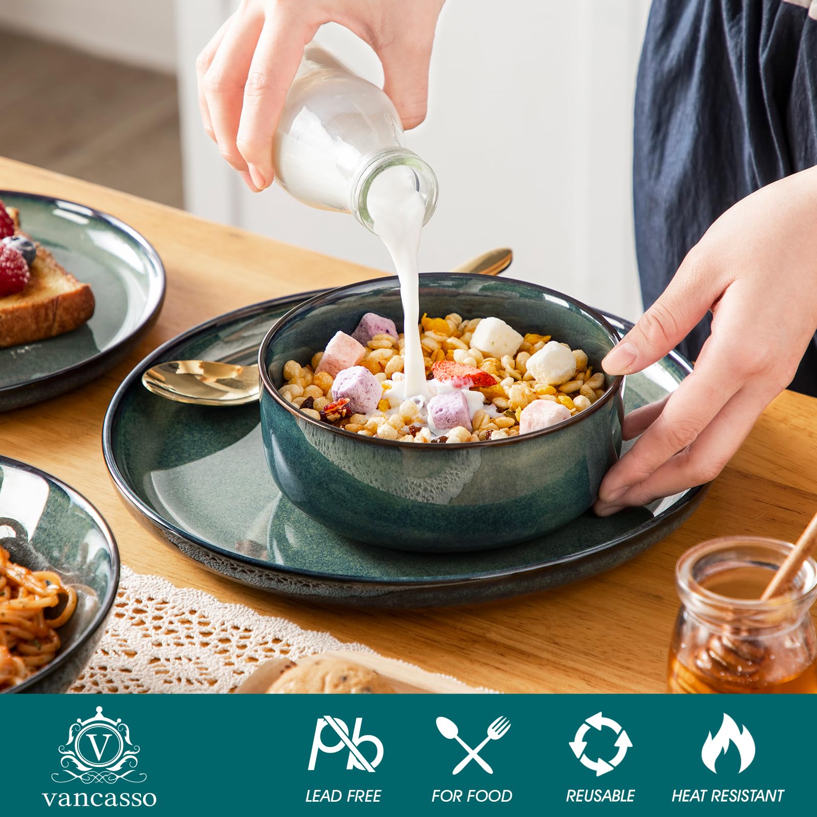 Geschirrset 6 Personen modern, vancasso STARRY 24-teiliges Steingut Geschirr Set, Kombiservice Set Grün, Tafelservice 6 Personen, Inklusive Speiseteller, Dessertteller, Suppenteller und Müslischalen 4