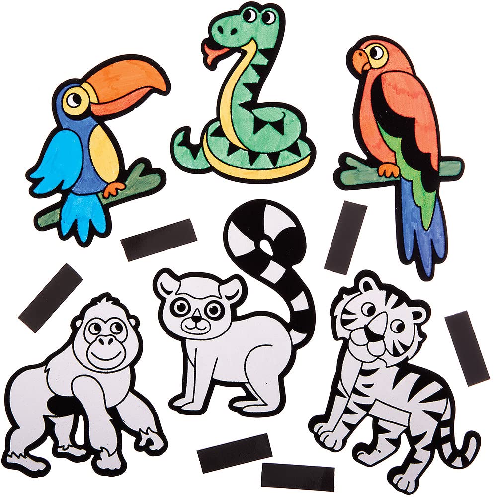 Baker Ross FX557 Rainforest Animal Colour In Fuzzy Art Magnets - Pack of 30, Fuzzy Art Colouring Pictures for Kids, Small