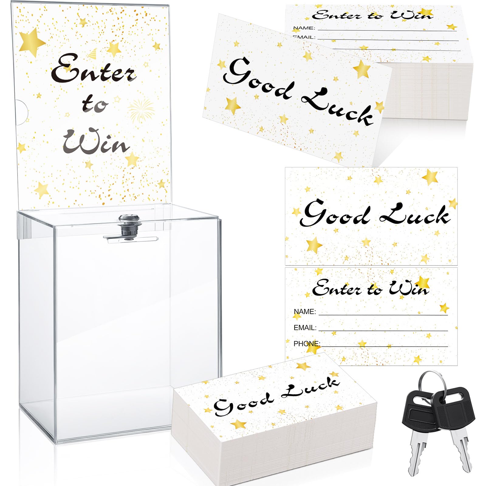 Photo 1 of Beeveer 1 Pcs Acrylic Raffle Box with Lock Raffle Tickets Cards Ticket Box with Sign Holder Suggestion Storage with Slot Clear Donation Collection for Vote (6.7 x 5 x 8 Inch)