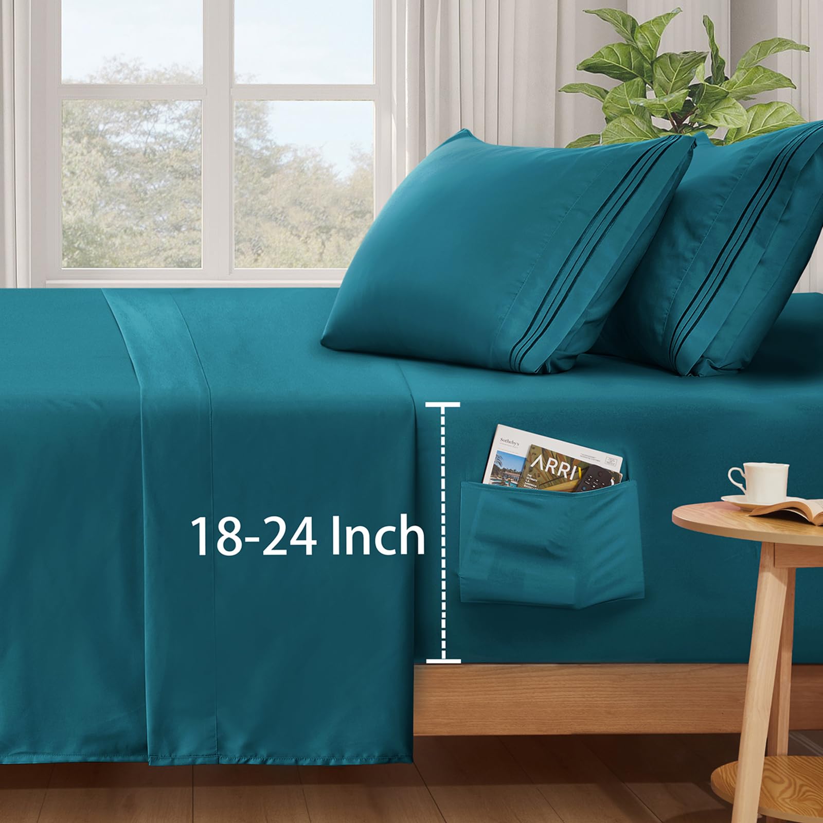 Photo 1 of SiinvdaBZX Extra Deep Pocket Queen Sheets Set - Fits Mattress Up to 24 Inches Thick - 4 Piece Teal Deep Pocket Sheets for Air Mattress - Soft 1800 Thread Count Fitted Sheet with Side Pocket