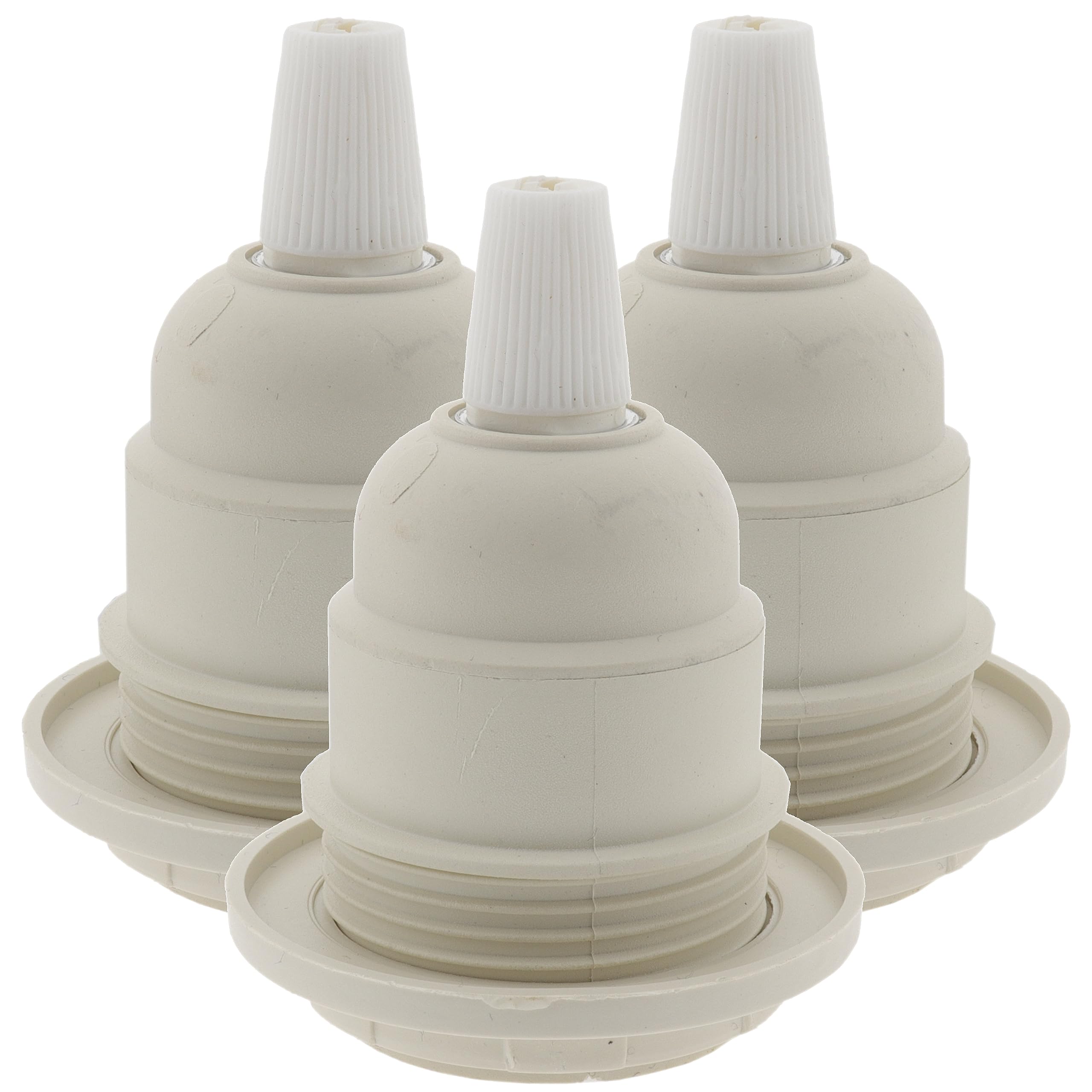 (3 Pack) Edison Screw (E27 / ES) Lampholder (Light Bulb Socket) in White Thermoset Plastic (Bakelite) with Shade Ring and Nylon Cord Grip