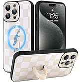 SOKAD Magnetic Checkered Case for iPhone 15 Pro with Finger Strap Kickstand, Compatible with Magsafe, Cute Checkerboard Designed for Women Men, Full Camera Protection Cover, White