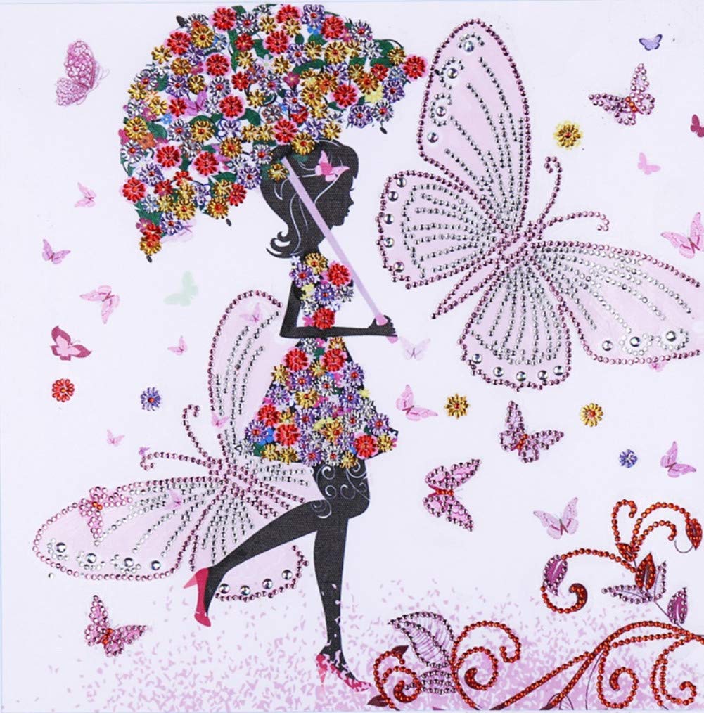 ABEUTY Diamond Painting DIY 5D Full Drill Rhinestones, Girl with Umbrella Butterfly Flowe, Full Drill Crystal Diamond Art Kits