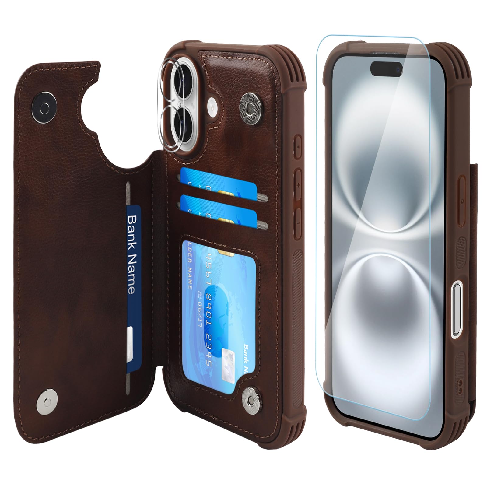 VANAVAGY Compatible for iPhone 16 Plus Wallet Case with Credit Card Holder,Rfid Leather Flip Folio Phone Cover Fits Magnetic Car Mount and Stand with Screen Camera Protector,brown