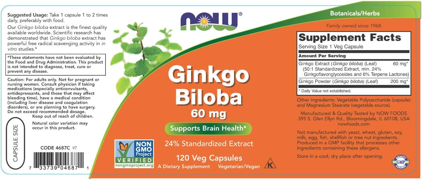 NOW Supplements, Ginkgo Biloba 60 mg, 24% Standardized Extract, Non-GMO Project Verified, 120 Veg Capsules: Health & Personal Care