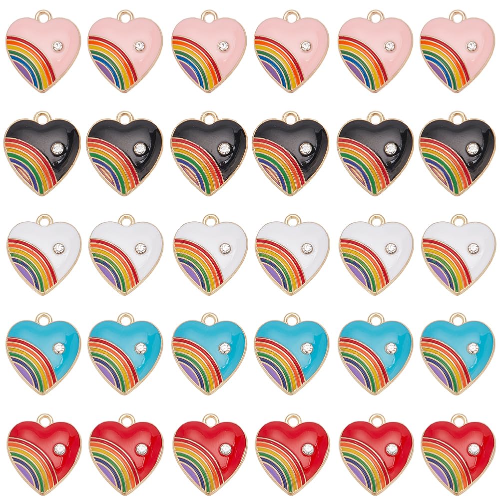 SUNNYCLUE 30Pcs 5 Colors Rainbow Heart Charm Rainbow Love Charms Heart Rainbow Charms Metal Alloy Rhinestone Golden Love Gay Pride Rainbow Strip Sweet Charms Bulk for jewellery Making Charms Earring