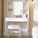 VASAGLE Kailyn Dressing Table with LED Lights and Outlets, White