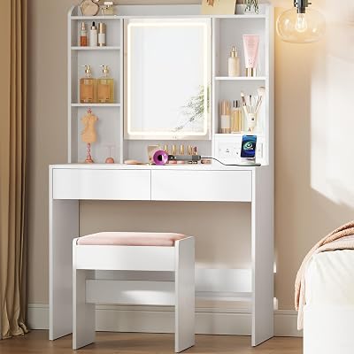 VASAGLE Kailyn Dressing Table with LED Lights and Outlets, White