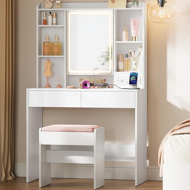 VASAGLE Kailyn Dressing Table with LED Lights and Outlets, White