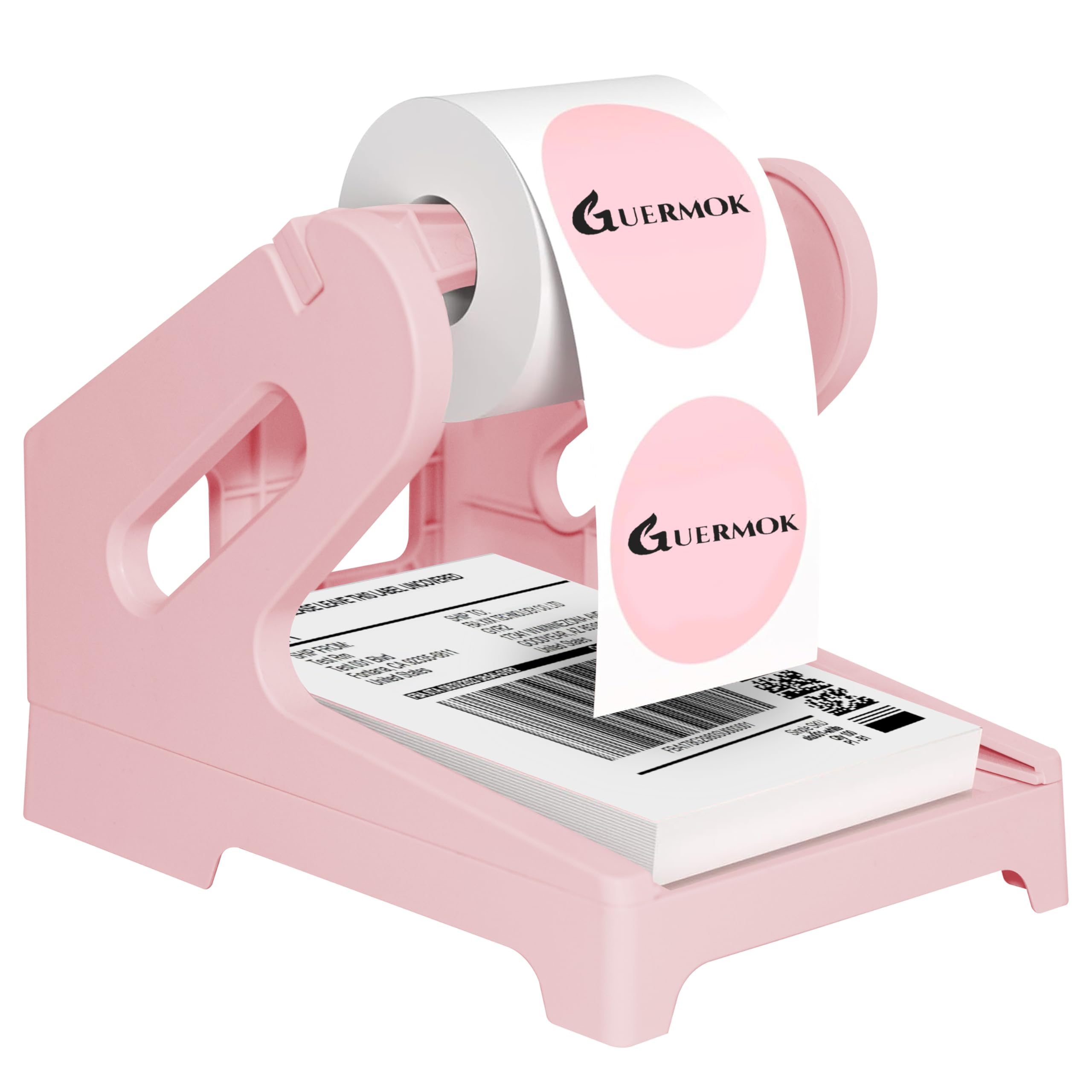 Photo 1 of Guermok Thermal Shipping Label Holder for Rolls & Fan-Fold, Fragile Stickers for Shipping, Label Stand Desktop Printer Holder-Home Office Accessory Sticker Dispenser for Holographic (Pink)