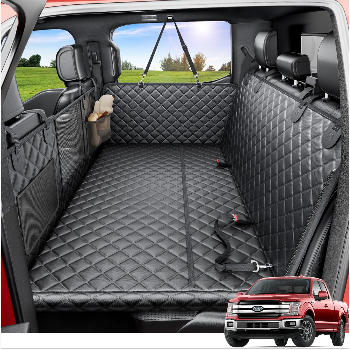 Photo 1 of REEVAA Dog Truck Seat Cover for Back Seat, Hard Bottom Dog Hammock for Car, Pet Bed Extender for 2-4 Large Dogs, Waterproof Seat Protector, Universal XL Size Fits for Crew Cab Truck/SUV, Black