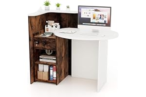 SILKYDRY Reception Desk, Small Retail Checkout Counter with Lockable Drawer and Open Shelves, Wooden Front Desk Reception Counter, Oval Desktop & L Counter for Store Office Lobby Salon (White & Brown)