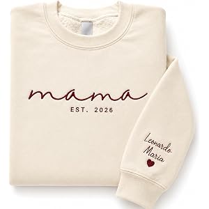 Evamall Custom Mama Embroidered Sweatshirt, Personalized Name On Sleeve With Heart, Mama Est Year Shirt, Grandma Shirt With D