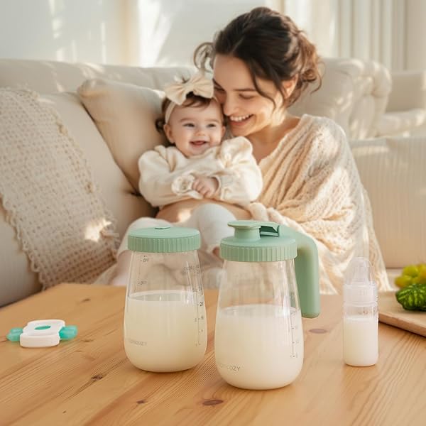 MOMCOZY GLASS BREAST MILK PITCHER, MILK STORAGE CONTAINER WITH FLAT LID & HANDLE LID, WIDE MOUTH LEAK-RESISTANT, BABY FORMULA PITCHER, HEAT & COLD RESISTANT, 2 PCS, 32OZ EACH (64OZ TOTAL)
