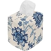 Fabric Tissue Box Cover, Tissue Holder Slipcover, Slips Over Square Cube Cardboard Facial Tissue Boxes -Decorative Cotton Blue Floral Fabric, Made in USA