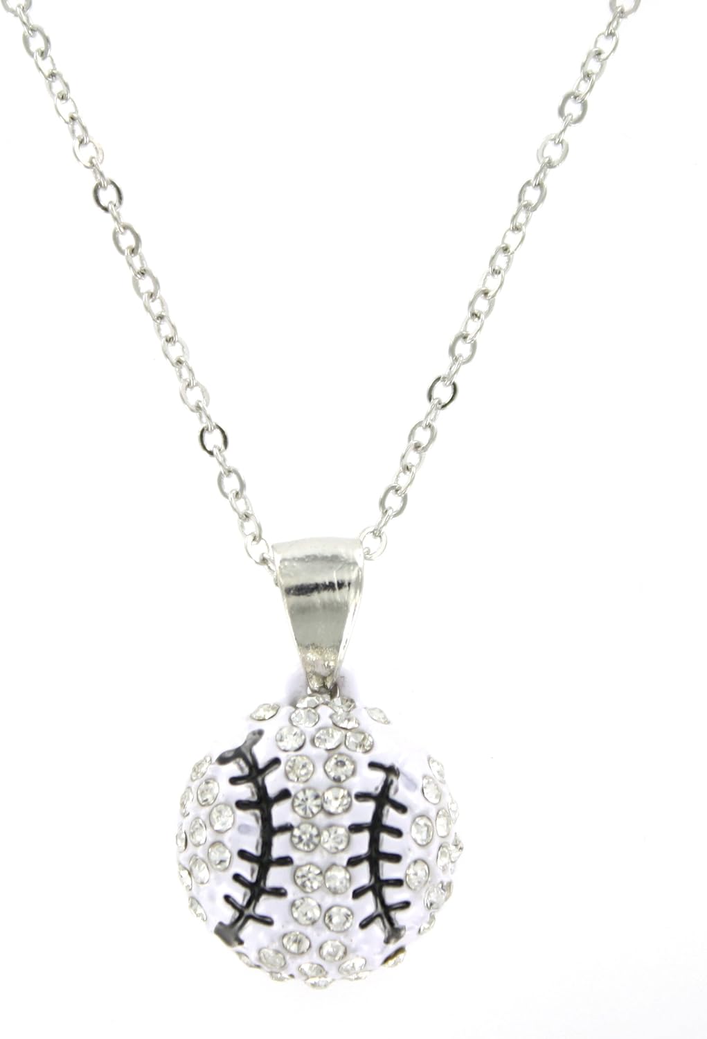 Baseball Crystal Pendant Necklace w/ White & Black Enamel