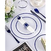 350PCS Plastic Clear Blue Plates for Party, Disposable Dinnerware Set for 50 Guests,100 Plastic Plates, 50 Cups, 50 Pre-Rolled Napkins with Cutlery for Party, Christmas, Wedding
