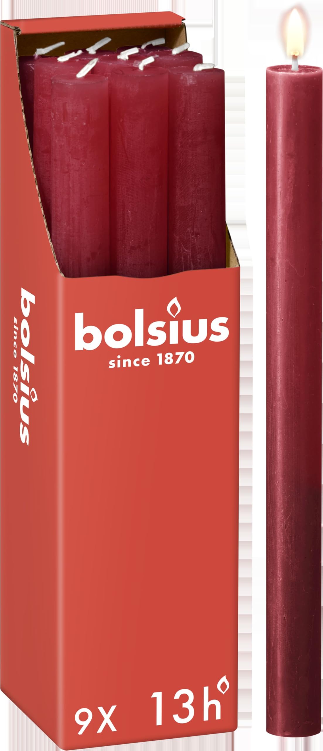 Bolsius Rustic Dinner Candles - Red - Pack of 9 - Long Burning Time of 13 Hours - Household Candle - Interior Decoration - Unscented - Natural Vegan Wax - 27 x 2.3 cm — image 1