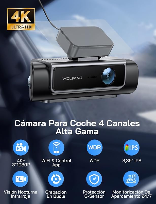 4K Dashcam, 610° 4 Canales Cámara de Coche con 5,8 GHz WiFi & App, 4K+1080P×3 Cámara para Coche con 3.39" IPS, Visión Nocturna, Grabación en Bucle, Sensor G, WDR, Soporta Modo Parking 24H