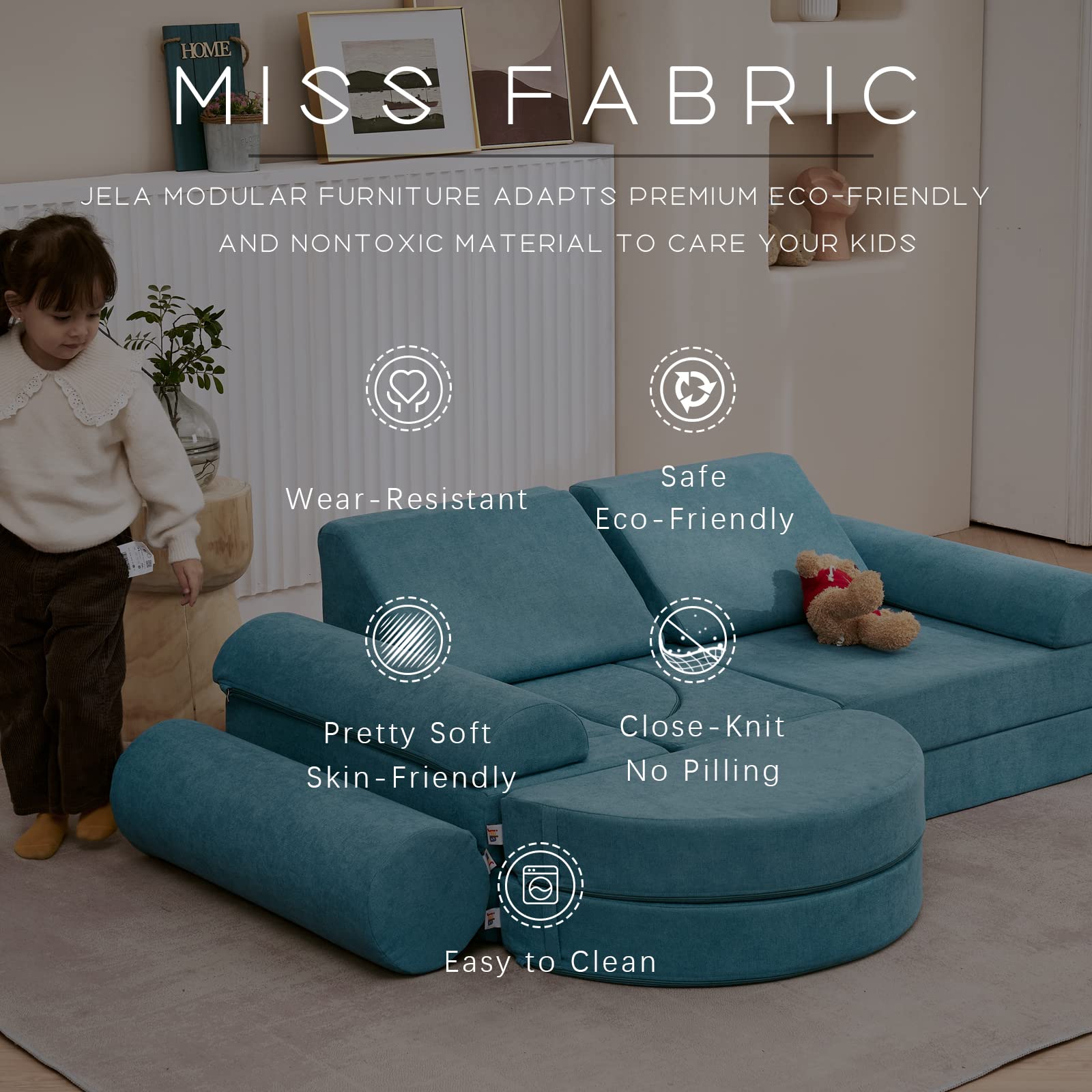 jela Couch 14PCS Luxury, Floor Sofa Modular Furniture for Adults,Kids. Playhouse Play Set for Toddlers Babies, Modular Foam Play Couch, Modular Sectional Sofa (Teal, 57