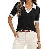 Zeagoo Women's Short Sleeve Polo Sweater V Neck Knitted Spring Casual Work Tops Loose Pullover Shirt