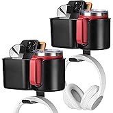 KEMIMOTO Desk Cup Holder with Headphone Hanger, 2 in 1 Caddy Organizer for Office Table, Lawn Chair, Golf Cart, Pontoon Boat, Fit for Most 18-32 oz Bottles (2)