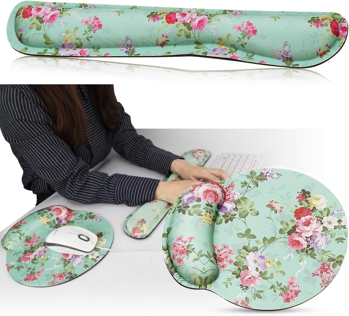 Keyboard Wrist Rest Pad and Mouse Wrist Rest Support Mouse Pad Set, Bible Non Slip Rubber Base Wrist Support with Ergonomic Raised Memory Foam for Easy Typing & Pain Relief